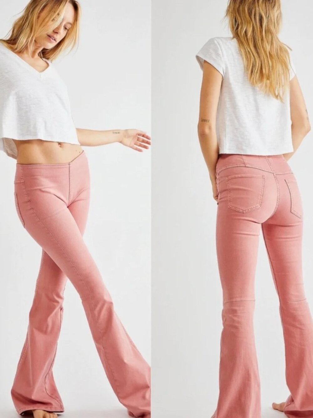 Free People We The Free Penny Pull-On Flare Jeans Mid-Rise Stretch Faded Pink